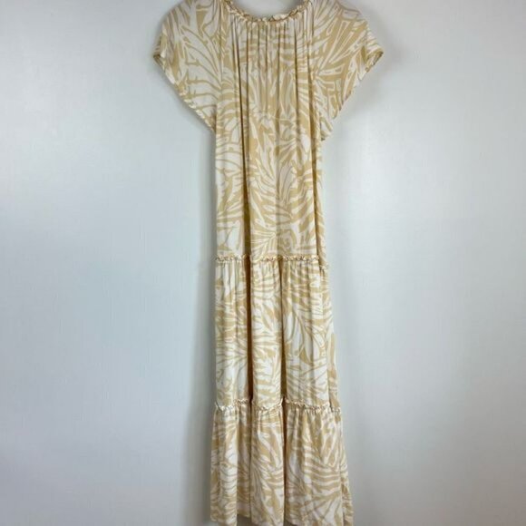 Patrons Of Peace Dress Size M Maxi Ruffle Tier Tie Neck Off Shoulder Tan White - Picture 8 of 13